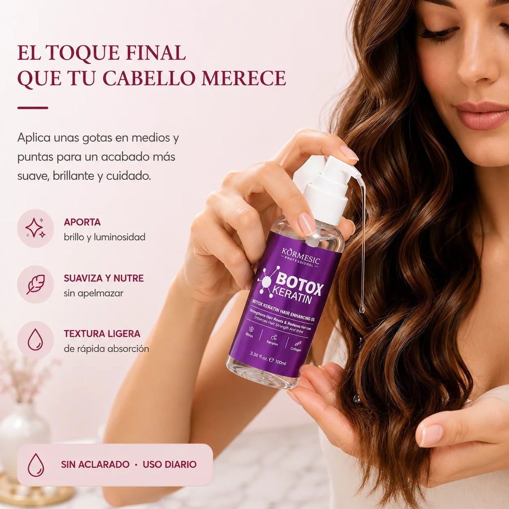 Mujer aplicando aceite capilar Kormesic Botox Keratin en el cabello para un acabado suave, brillante y cuidado
